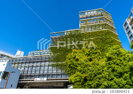 日本の東京都市景観　夏日。東急病院併設の東急電鉄 大岡山駅・駅舎などを望む 101800421