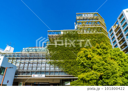 日本の東京都市景観　夏日。東急病院併設の東急電鉄 大岡山駅・駅舎などを望む 101800422