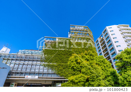 日本の東京都市景観　夏日。東急病院併設の東急電鉄 大岡山駅・駅舎などを望む 101800423