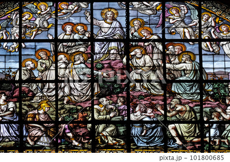 Jesus in glory and the apostles by Edouard Amedee Didron, stained glass window in Saint Thomas Aquinas in Paris, France Jesus in glory and the apostles by Edouard Amedee Didron, stained glass window in Saint Thomas Aquinas in Paris, France 101800685
