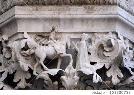 Medieval reliefs from Doge's Palace capital in Saint Mark Square, Venice, Italy 101800758