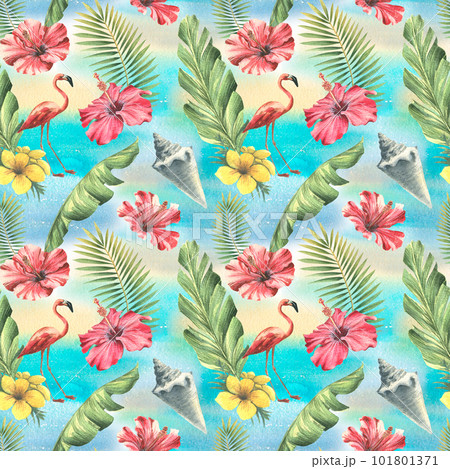 Tropical seamless pattern with palm leaves, pink flamingos, red hibiscus flowers and seashells on a blue background. Watercolor illustration hand drawn. For fabric, textile, wallpaper, packaging. 101801371