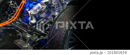 View of car engine structure installed electric chassis mounted on black background View of car engine structure installed electric chassis mounted on black background 101801659