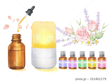 アロマオイルとローズやラベンダーの香りの水彩イラスト 101802279
