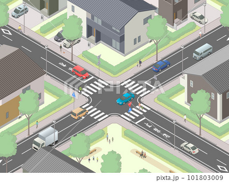 アイソメトリック図法で描いた日本の交差点イメージ[A]（市街地-02） 101803009