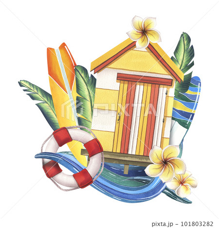 The beach yellow cabin is wooden, striped with surfboards, frangipani flowers and palm leaves, a wave and a lifebuoy. Hand-drawn watercolor illustration. Isolated composition on a white background 101803282