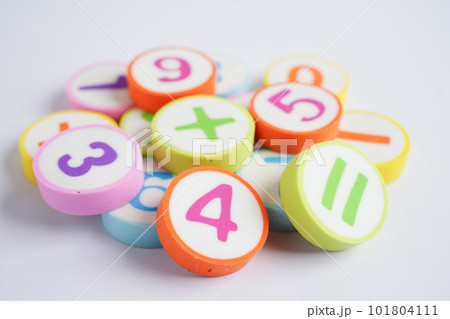 Number wood block cubes for learning Mathematic, education math concept. 101804111
