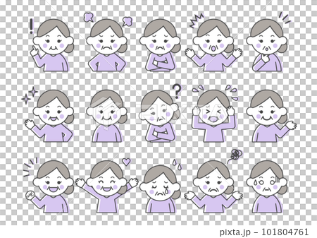 Illustration set of facial expressions and poses of senior women 101804761