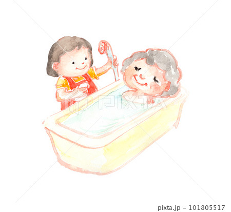 入浴介助するヘルパーとシニア女性のイラスト 101805517