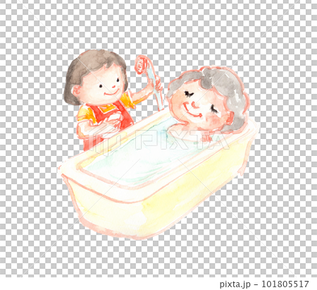 入浴介助するヘルパーとシニア女性のイラスト 101805517