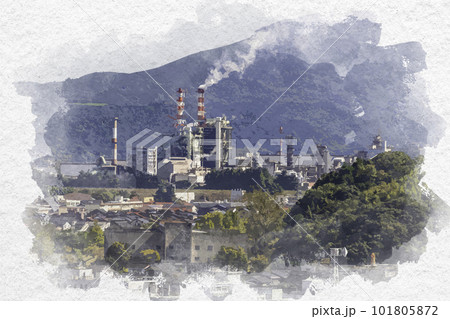 水彩画風 米子市街地 王子製紙米子工場 鳥取県米子市 水彩画風 米子市街地 王子製紙米子工場 鳥取県米子市 101805872