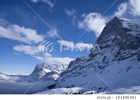 スイスアルプスの美しい雪山、雪山が続く山岳地帯、晴天の中の広大な雪原、世界的なスキー場,険しい山 101806481