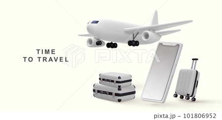 3d realistic Suitcase and plane. travel online booking service on mobile. Vector illustration. 101806952