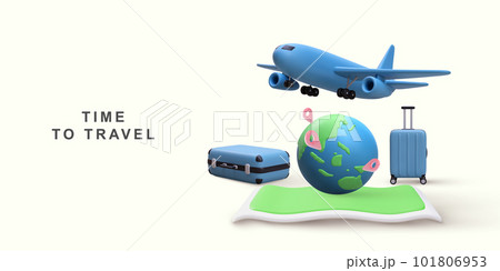 3D realistic globe pin map and suitcase with flight plane travel. Vector illustration. 101806953