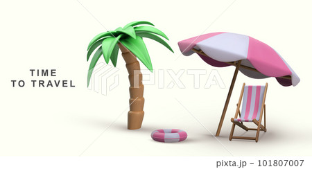 3d summer vacation concept with beach chair,umbrella, palm and summer elements. Vector illustration . 101807007