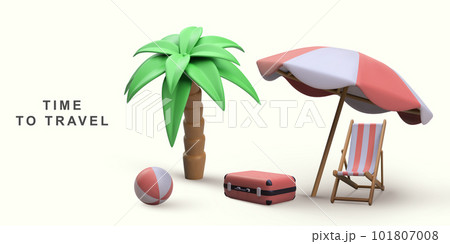 3d summer vacation concept with beach chair,umbrella and summer elements. Vector illustration. 101807008