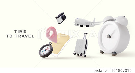 3d travel time concept with clock, suitcase, map, airplane, camera and compass. Vector illustration. 101807010