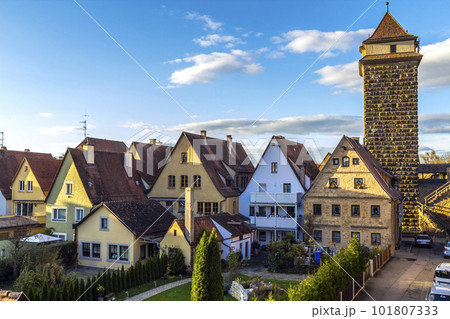 Old houses in Rothenburg ob der Tauber, picturesque medieval city in Germany, famous UNESCO world culture heritage site, popular travel destination 101807333