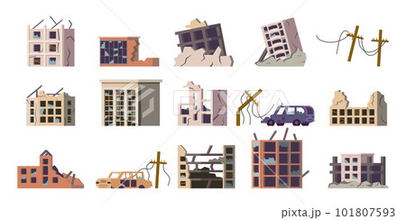 Ruined building set. Buildings after earthquake. Cartoon abandoned flat style isolated city elements, collapsed and broken houses and property, card and power lines. Vector set 101807593