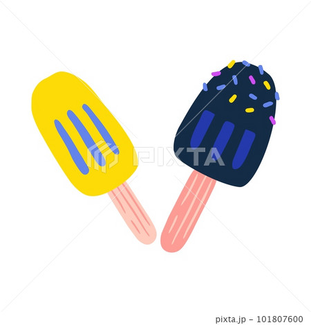 Ice cream. Frozen summer yummy sundae, hand drawn delicious icy fruit dessert, yummy food popsicle. Doodle style drawing. Elements on white background. Cartoon flat isolated vector illustration 101807600