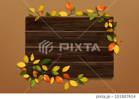 Fall wooden sign. Autumn wood. Realistic board and leaves. Forest tree branch. Old frame. Yellow and red flora. Autumnal foliage. Empty billboard. Vector design background template 101807614