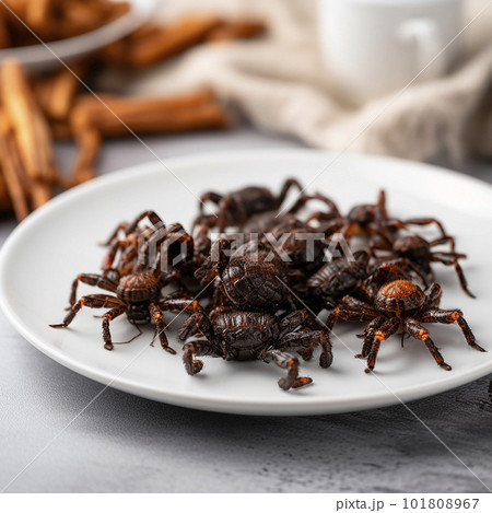 Giant fried spiders close-up, an unusual dish of Asian cuisine 101808967