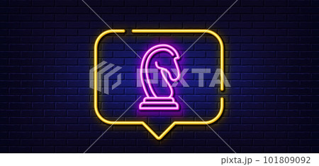Neon light speech bubble. Chess Knight line icon. Marketing strategy symbol. Business targeting sign. Neon light background. Marketing strategy glow line. Brick wall banner. Vector Neon light speech bubble. Chess Knight line icon. Marketing strategy symbol. Business targeting sign. Neon light background. Marketing strategy glow line. Brick wall banner. Vector 101809092