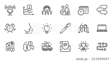 Outline set of Chart, Survey progress and Chemistry beaker line icons for web application. Talk, information, delivery truck outline icon. Include Talk bubble, Employee, Calendar time icons. Vector 101809097