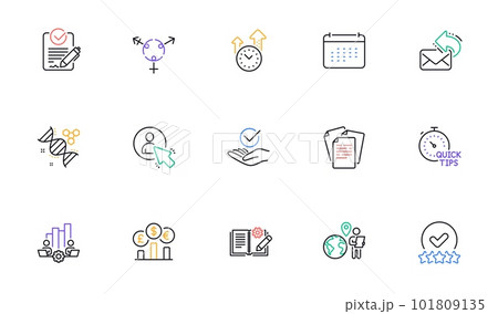 User, Chemistry dna and Time management line icons for website, printing. Collection of Calendar, Rating stars, Currency rate icons. Teamwork chart, Quick tips, Share mail web elements. Vector 101809135