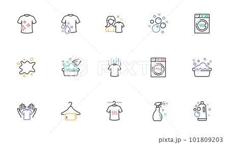 Laundry line icons. Dryer, Washing machine and dirt shirt. Laundromat, hand washing, laundry service icons. Linear set. Bicolor outline web elements. Vector Laundry line icons. Dryer, Washing machine and dirt shirt. Laundromat, hand washing, laundry service icons. Linear set. Bicolor outline web elements. Vector 101809203
