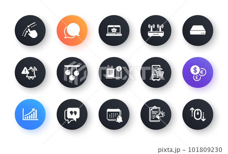 Minimal set of Manual, Ceiling lamp and Online shopping flat icons for web development. Attention bell, Chat message, Quote bubble icons. Mini pc, Refrigerator, Swipe up web elements. Vector 101809230