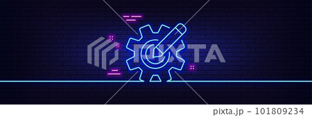 Neon light glow effect. Cogwheel line icon. Engineering tool sign. Edit settings symbol. 3d line neon glow icon. Brick wall banner. Cogwheel outline. Vector 101809234