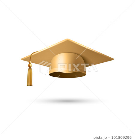 Vector 3d Realistic Brown, Yellow, Golden Graduate College, High School, University Black Cap Icon Closeup Isolated. Vector Degree Ceremony Hat. Educational Student Symbol, Hat. Front View 101809296