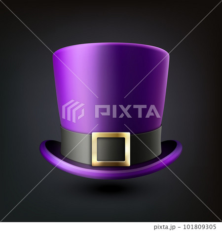 Vector 3d Realistic Purple Top Hat Icon with Black Ribbon Closeup Isolated. Classic Retro Vintage Top Hat, Vintage Gentlemans Mens Hat, Front View Vector 3d Realistic Purple Top Hat Icon with Black Ribbon Closeup Isolated. Classic Retro Vintage Top Hat, Vintage Gentlemans Mens Hat, Front View 101809305