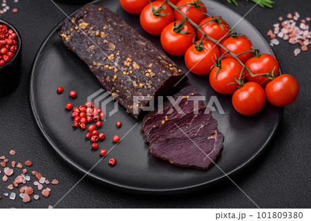 Delicious smoked Armenian basturma with spices and herbs Delicious smoked Armenian basturma with spices and herbs 101809380