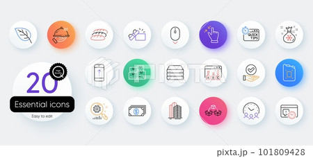 Simple set of Touchscreen gesture, Servers and Meeting time line icons. Include Banking, Canister oil, Parcel shipping icons. Project deadline, Approved checkbox, Survey results web elements. Vector 101809428