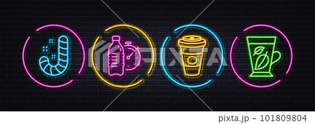 Takeaway coffee, Fitness water and Candy minimal line icons. Neon laser 3d lights. Mint leaves icons. For web, application, printing. Hot latte drink, Drink bottle, Lollypop. Mentha leaf. Vector 101809804