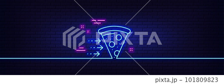 Neon light glow effect. Food delivery line icon. Salami pizza sign. Catering service symbol. 3d line neon glow icon. Brick wall banner. Food delivery outline. Vector 101809823