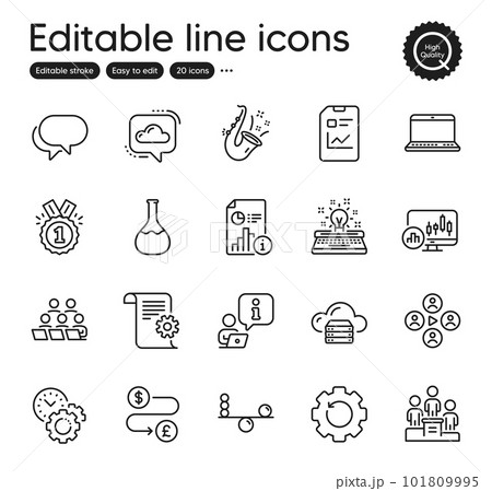 Set of Education outline icons. Contains icons as Jazz, Time management and Cloud communication elements. Report document, Money transfer, Candlestick chart web signs. Outline jazz icon. Vector 101809995