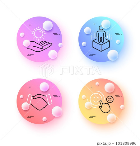Sun protection, Customer satisfaction and Augmented reality minimal line icons. 3d spheres or balls buttons. Handshake icons. For web, application, printing. Vector Sun protection, Customer satisfaction and Augmented reality minimal line icons. 3d spheres or balls buttons. Handshake icons. For web, application, printing. Vector 101809996