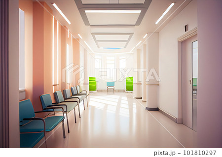 Long corridor in hospital with doors and reflections. Children's hospital concept 101810297