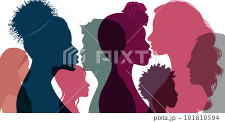 Silhouette profile group of men women and girl of diverse culture. Multicultural society. Diversity multi-ethnic and multiracial people. Racial equality and anti-racism. Friendship 101810594