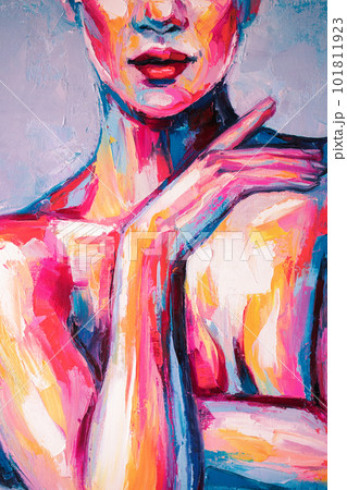 Fragment Oil portrait painting in multicolored tones. Abstract picture of a beautiful woman. Conceptual closeup of an oil painting and palette knife on canvas. Fragment Oil portrait painting in multicolored tones. Abstract picture of a beautiful woman. Conceptual closeup of an oil painting and palette knife on canvas. 101811923