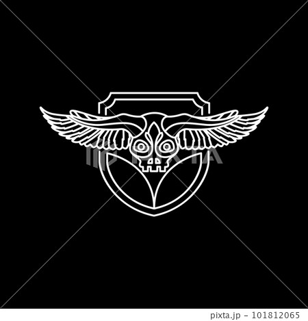 creature skull horned wings head shield guard badge line minimal logo design vector 101812065