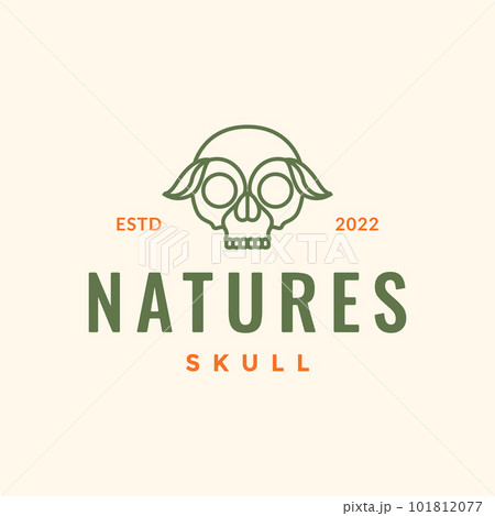 skull cranium brain pan head leaves nature line minimal hipster logo design vector 101812077