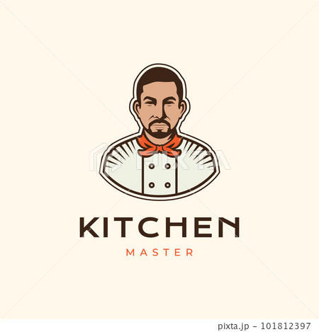 old man chef master mustache cooking food kitchen mascot sticker simple logo design vector 101812397