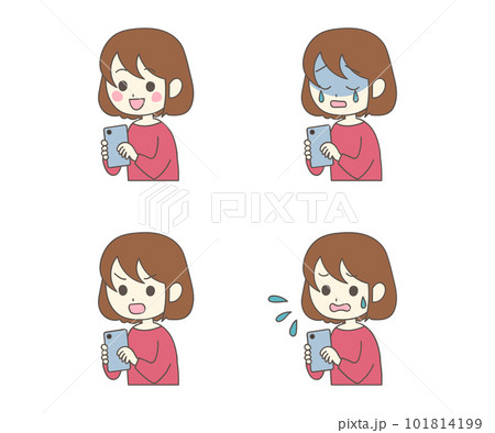 いろいろな表情でスマホを使う女性のセット 101814199
