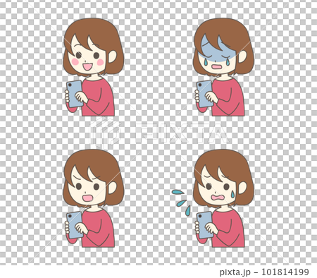 いろいろな表情でスマホを使う女性のセット 101814199