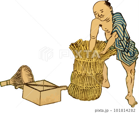 米を米俵に詰める男性 101814282