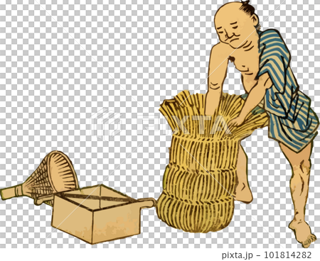 米を米俵に詰める男性 101814282